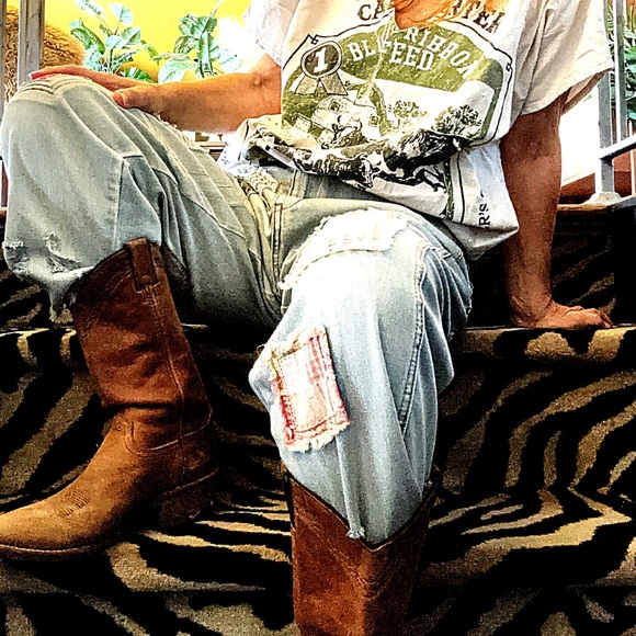 NEW 100% cotton shabby patchy farm worker jeans lagenlook boho patchwork denim - Picture 8 of 12